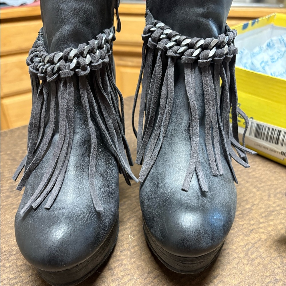 Sbicca Black Fringe Wedge Boots - Picture 4 of 9
